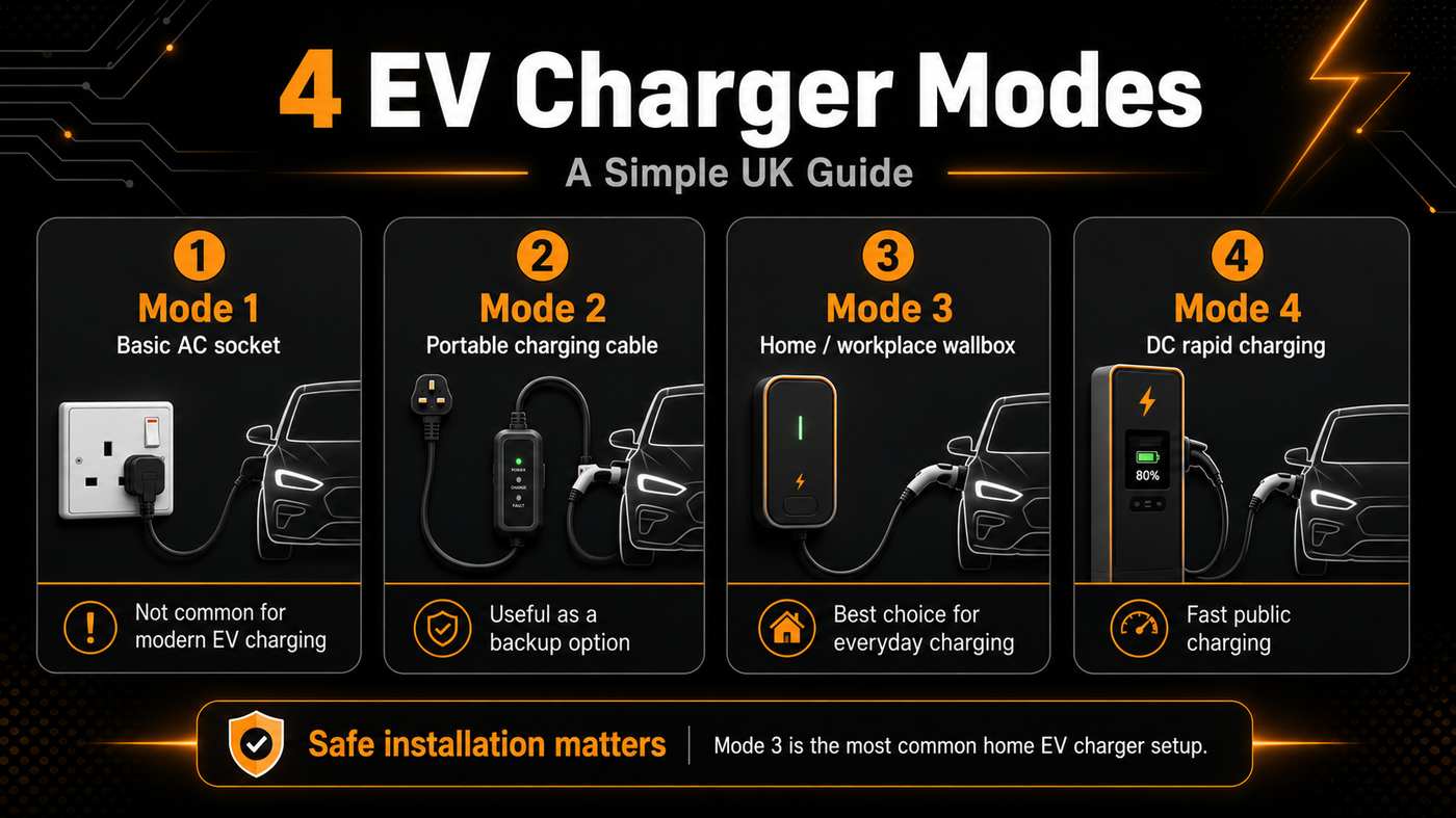 Quick comparison image for Mode 1 Mode 2 Mode 3 and Mode 4 EV charging
